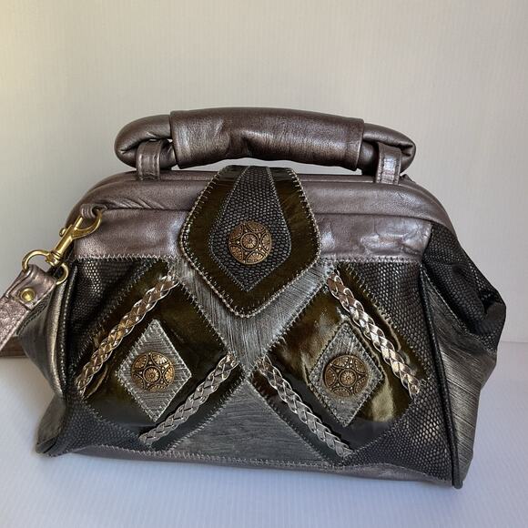 Noble Handbags Genuine Leather Patchwork Satchel Bag Metallic Silver USA Made - Picture 1 of 16